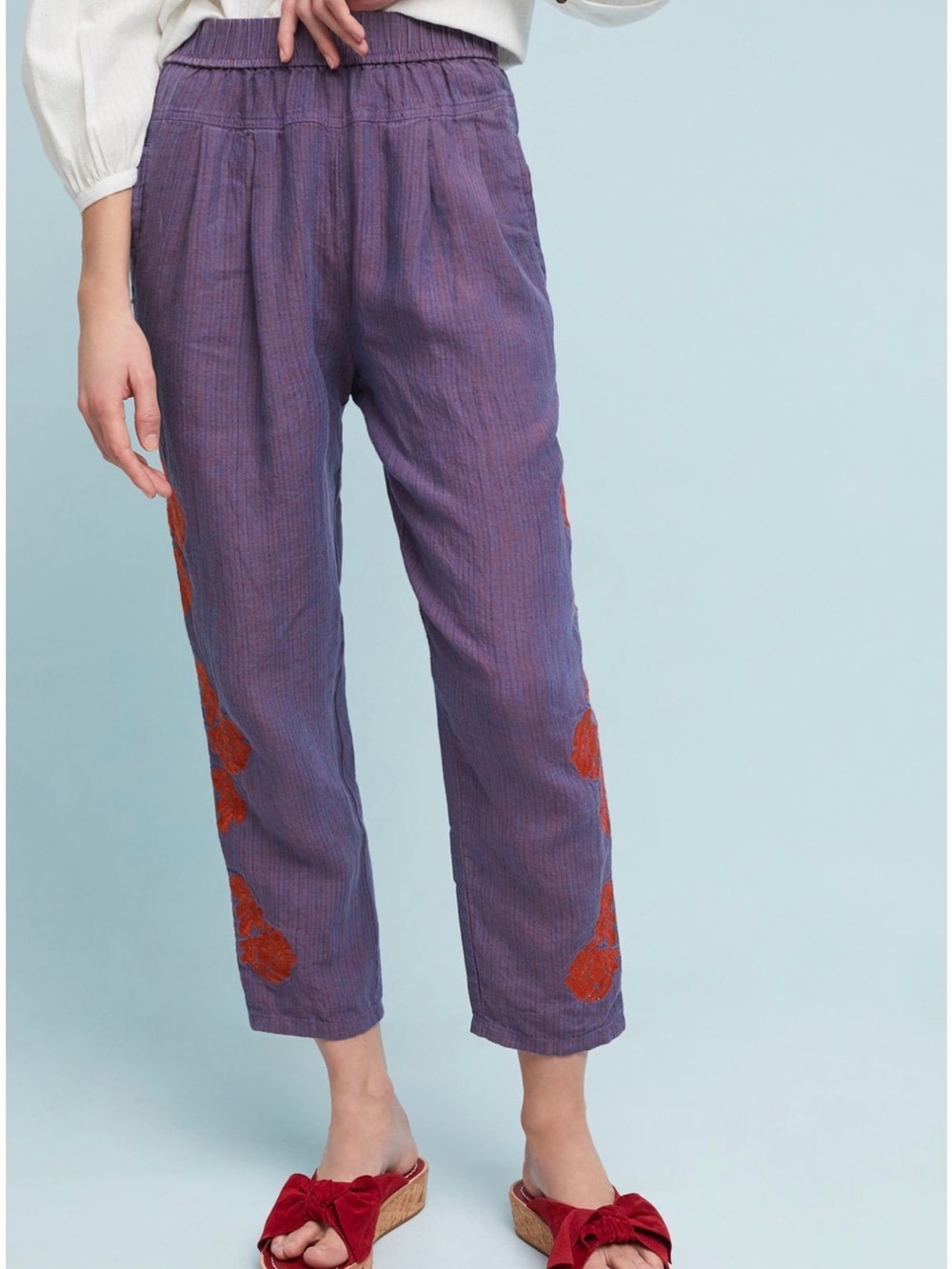 Purple Embroidered Relaxed Linen Blend Pants - Picture 2 of 8